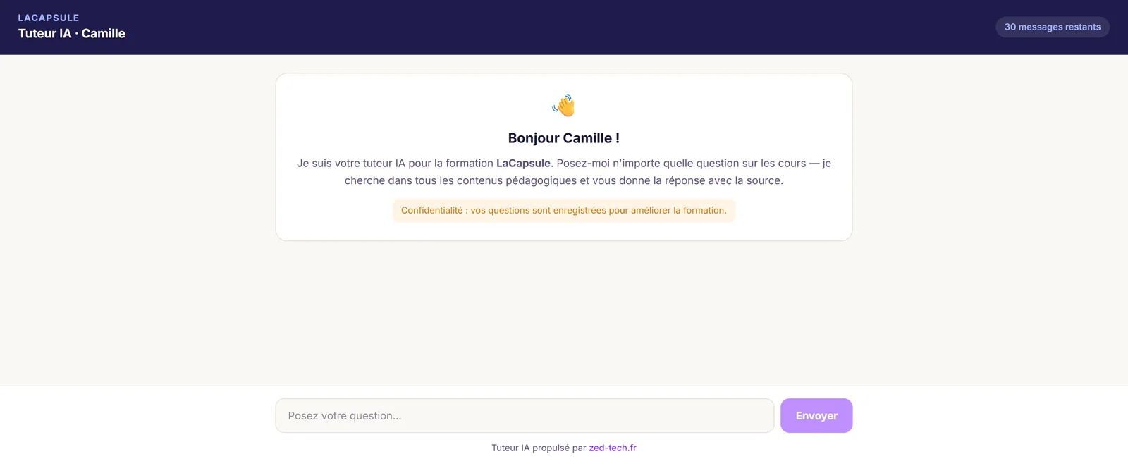 Écran d'accueil du tuteur pour un apprenant, avec le quota de messages restants